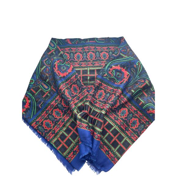 Berkshire Accessories - Challis by Berkshire Blue Red Geometric Print Square Scarf Vintage 46"X46" Folk